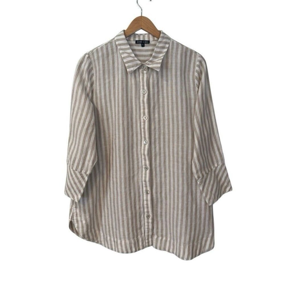 Boho Chic Lagenlook Linen Button Down Shirt Women Size XL